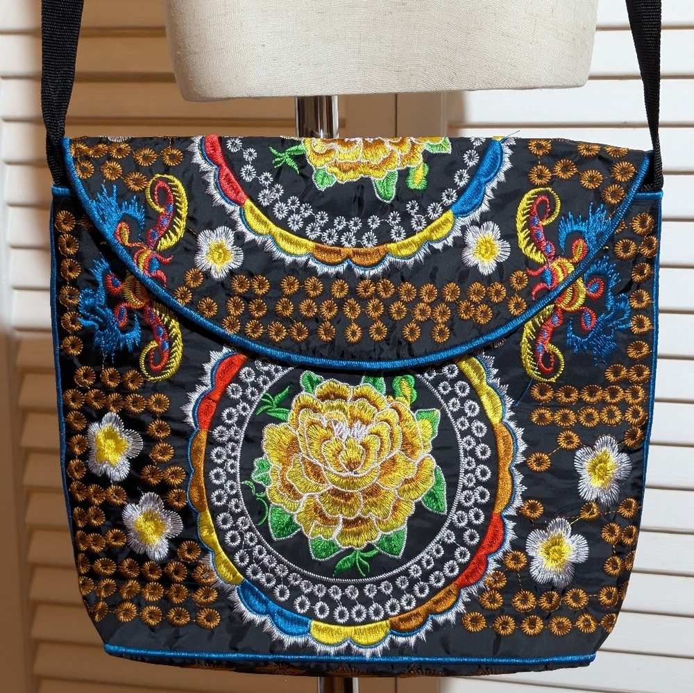 Embroidered Boho Shoulder Bag & Matching Wallet Set Black Floral Vietnam